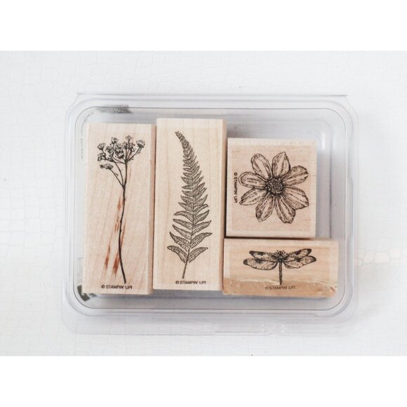 4 Vintage Rubber Stamps  Stampin Up Dragonfly Flower Leaf - Picture 1 of 2